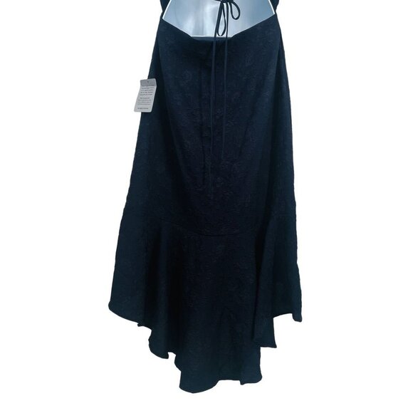 Lulu's Jacquard Sophisticated Soiree Navy Blue High Low Open Back Ruffles - Picture 11 of 15